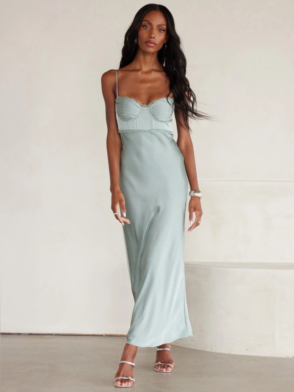 Astr Florianne Lace Trim Satin Maxi Dress Sage Green Sz S MSRP $148